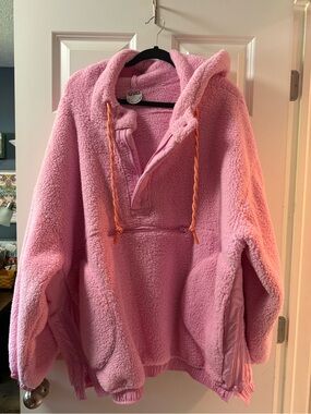ARULA Pink Sherpa Hoodie with Orange Drawstrings